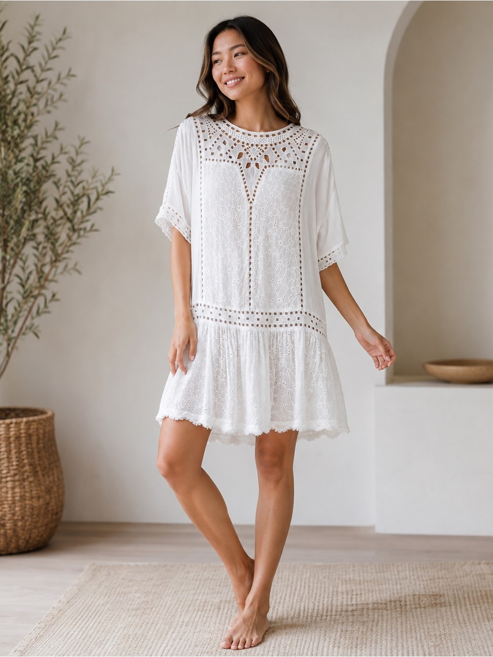 Free People White Eyelet Embroidered Tunic Mini Dress XS/S
